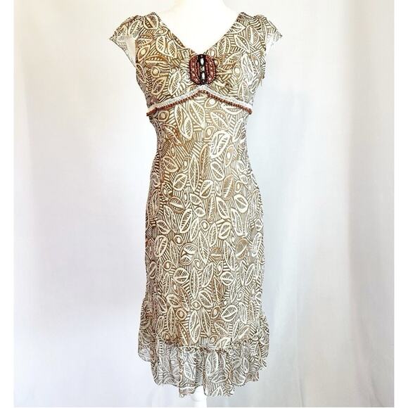 Y2K Sangria Silk Dress Beaded Babydoll Floral Boho Fairy Read Women’s XS-S Cream - Picture 1 of 13